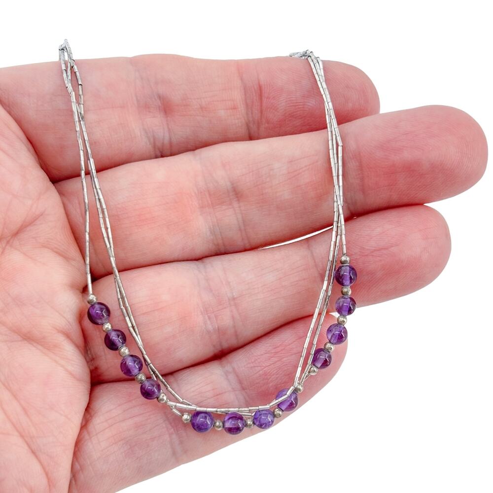 Vintage Sterling Silver 925 Liquid Silver Amethyst Bead Necklace 18"